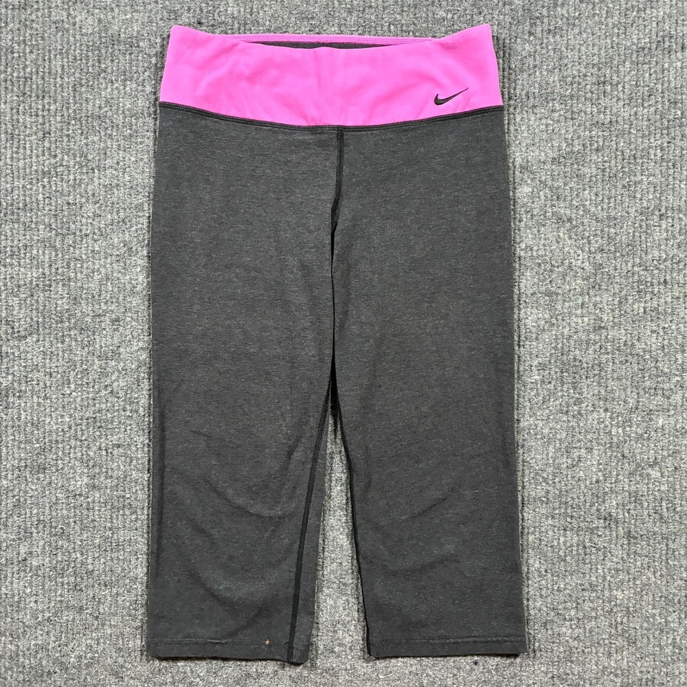 Nike Dri-FIT Womens Capri Leggings Size M Gray‎ Pink Waist Cropped Yoga Workout